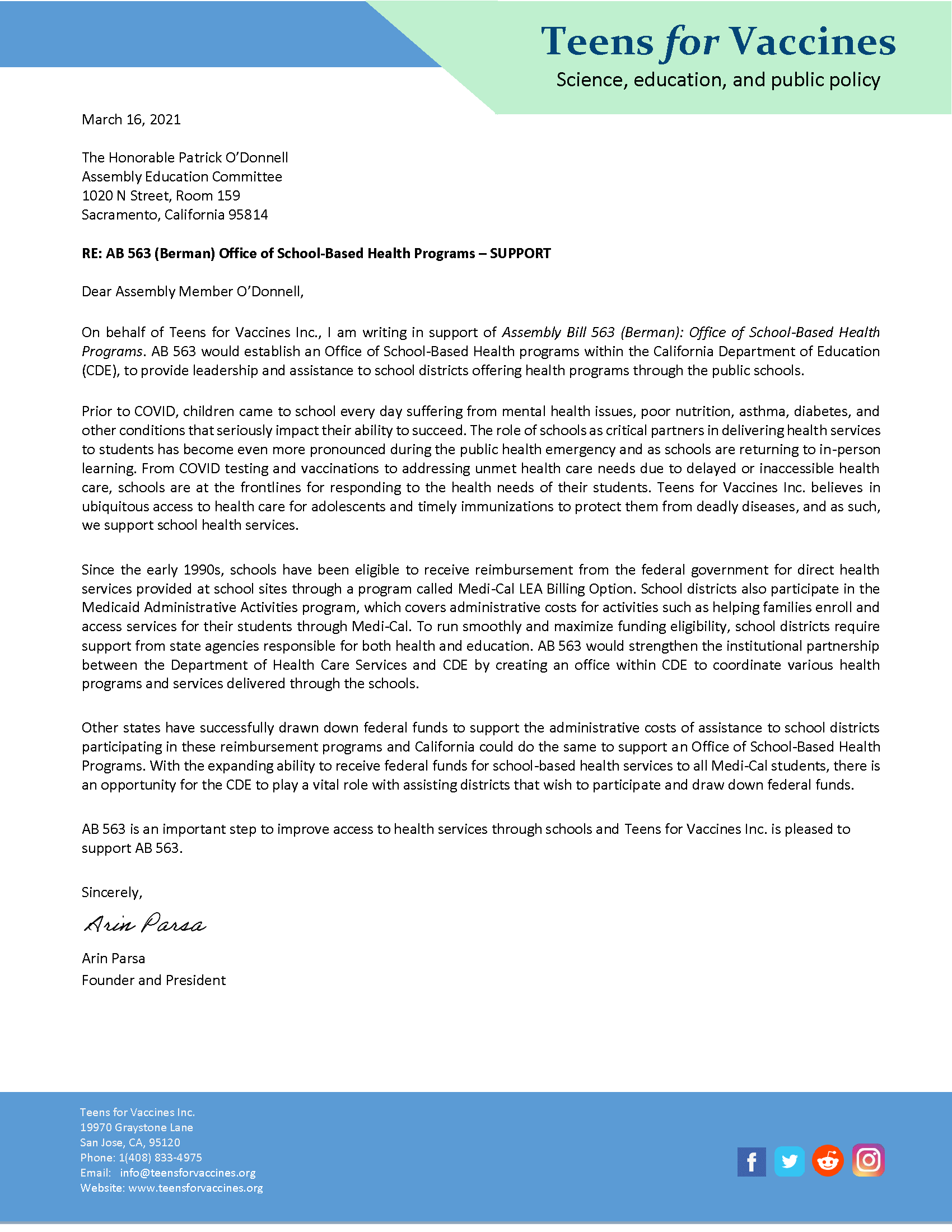 AB 563 Support Letter - Teens for Vaccines Inc.