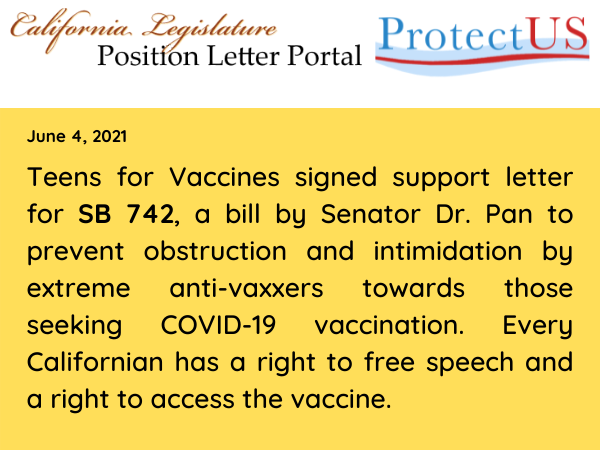 Teens for Vaccines Supports SB-742 by Senator Dr.Pan
