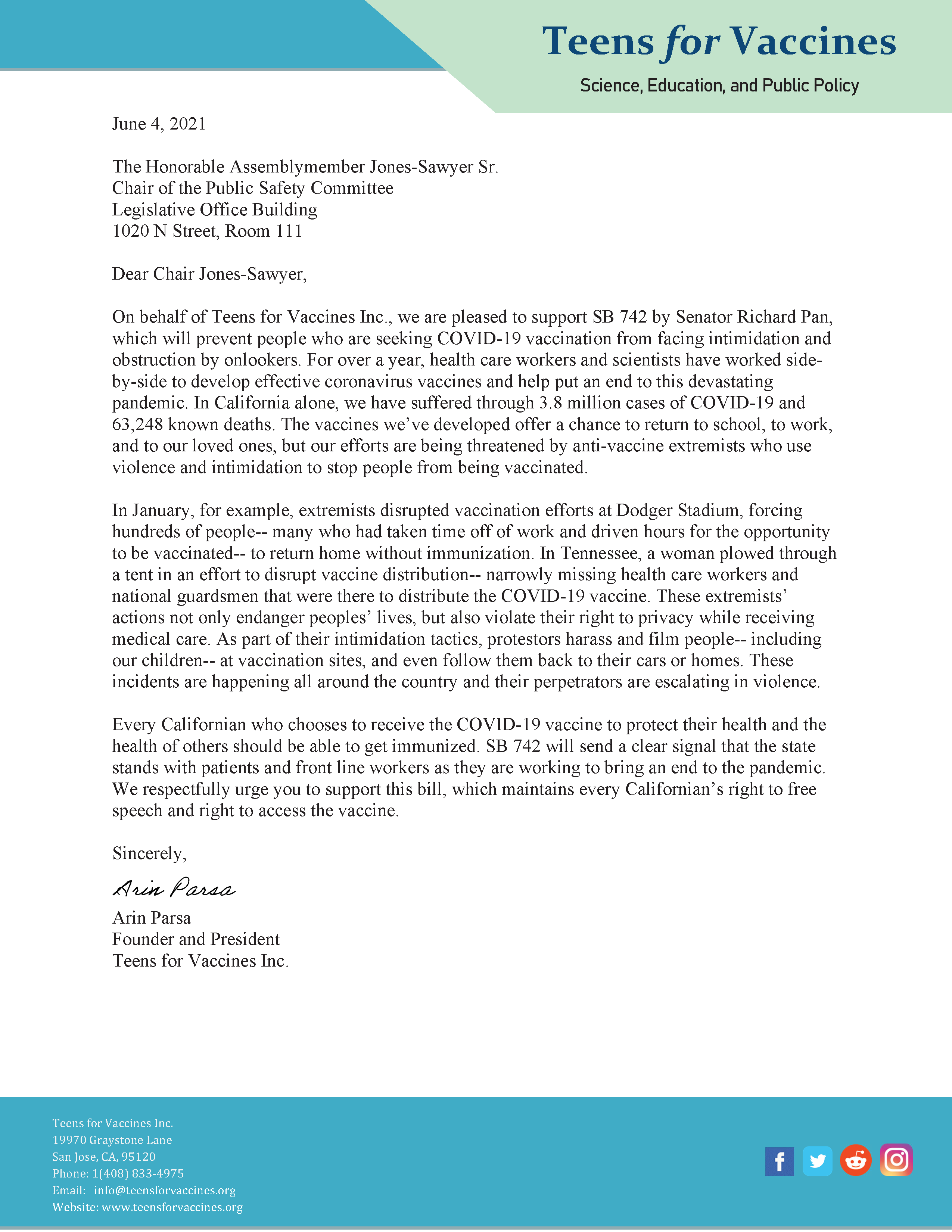 SB 742 Support Letter- Teens for Vaccines
