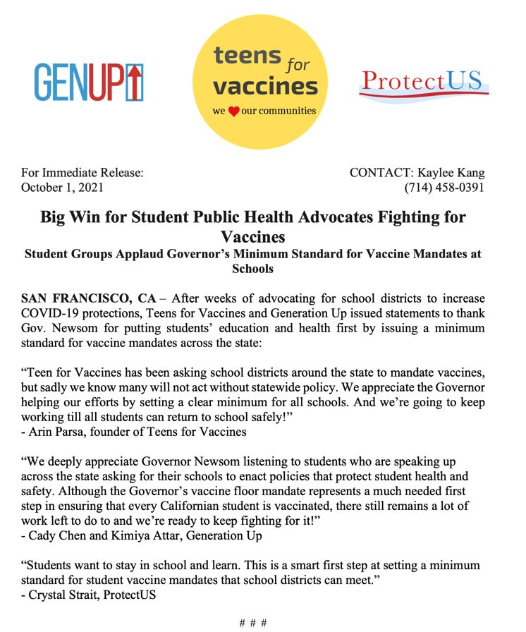 Big Win for Teens for Vaccines -Governor Newsom Mandates COVID Vaccines in California Schools